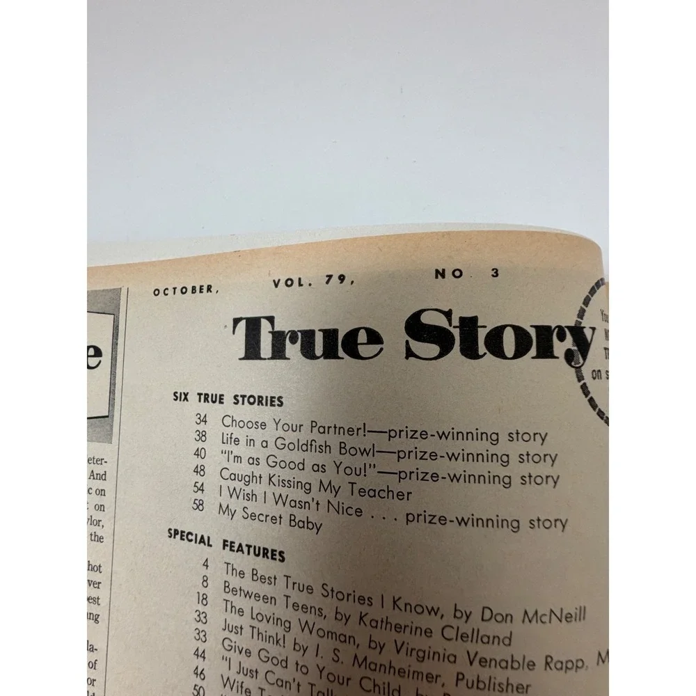 Vintage True Story Magazine October 1958 Romance Mid Century Ads Vol 79 No 3